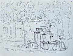 Französisches Dorf, Innenhof, Waschfrau, Tuschezeichnung, Bäume, Häuschen, Studie