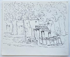 Französisches Dorf, Innenhof, Waschfrau, Tuschezeichnung, Bäume, Häuschen, Studie