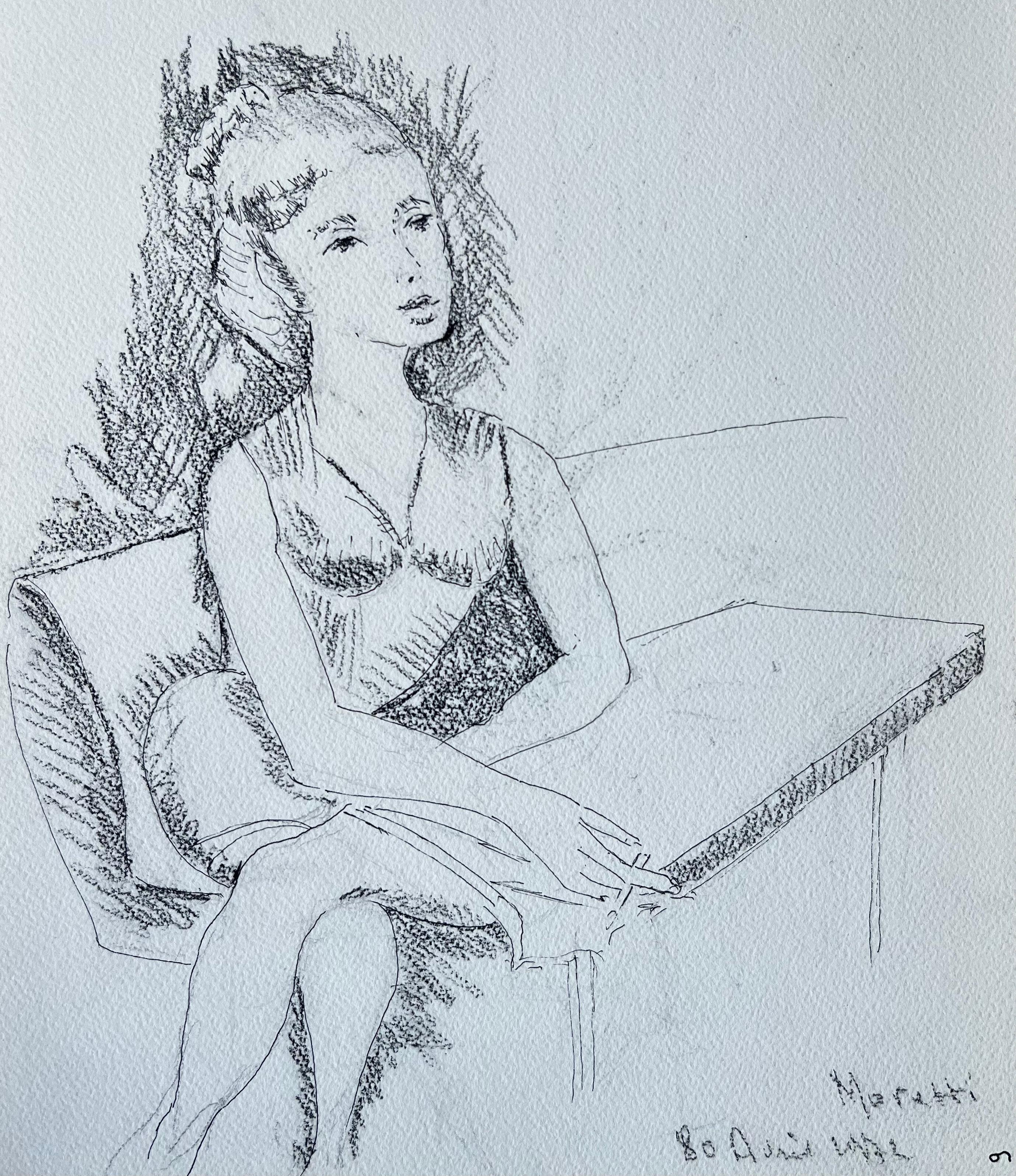 Seated Woman Portrait Drawing Interior Figure Study French School Sketch