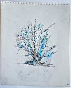Abstract Tree Study Ink Watercolour Blue Botanical Modernist Drawing