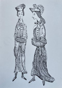 French 18th Century Costume Figures Ink Drawing Fashion Study