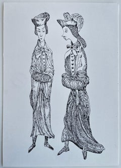 French 18th Century Costume Figures Ink Drawing Fashion Study