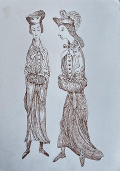 French 18th Century Costume Figures Brown Ink Fashion Drawing