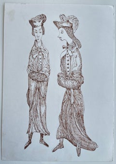 French 18th Century Costume Figures Brown Ink Fashion Drawing