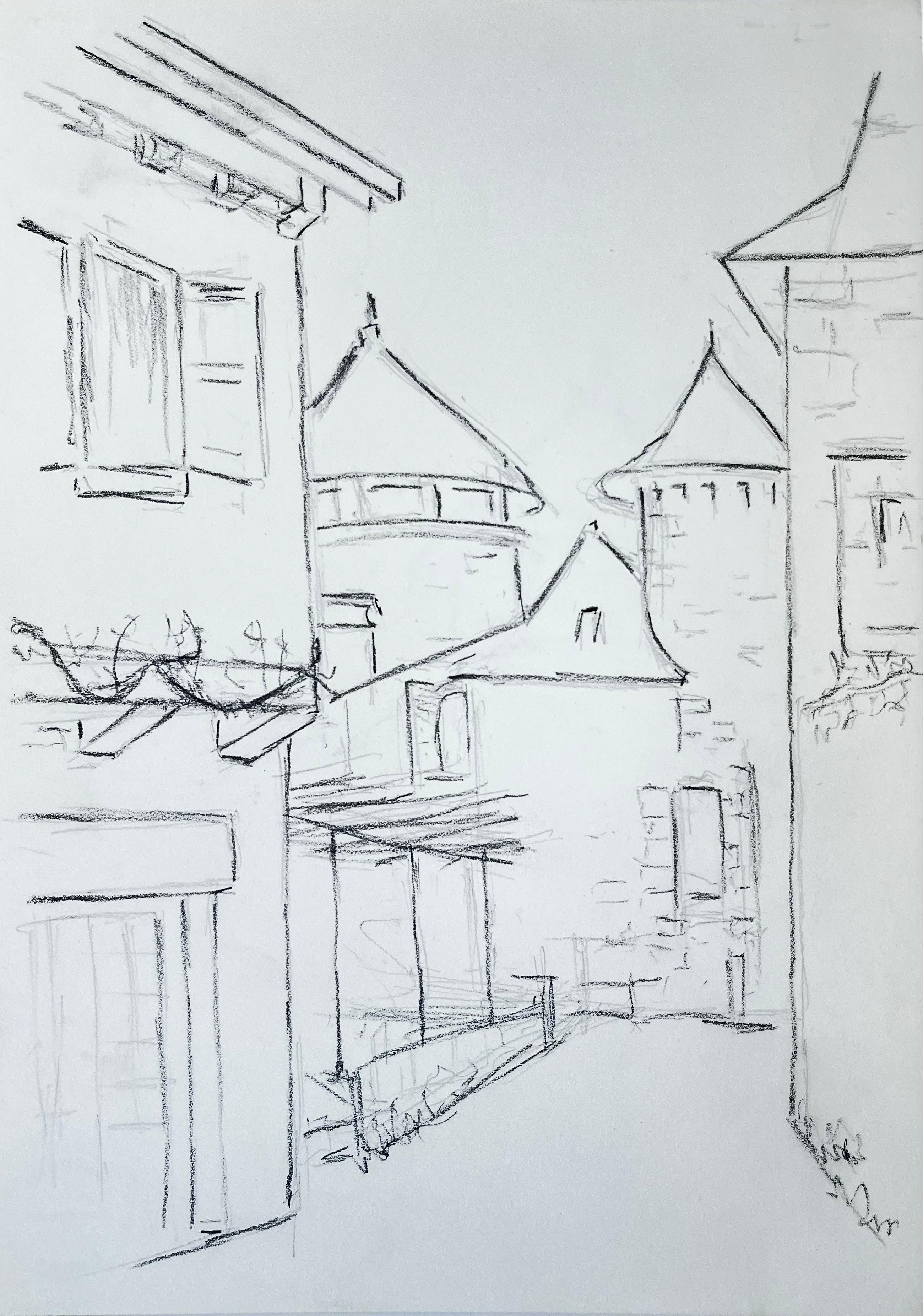 Disegno a matita di torrette sui tetti di una cittadina francese