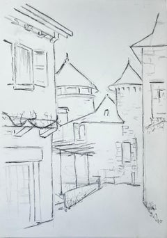 French Town Rooftops Turrets Architectural Pencil Drawing