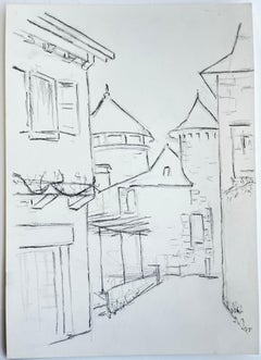 French Town Rooftops Turrets Architectural Pencil Drawing