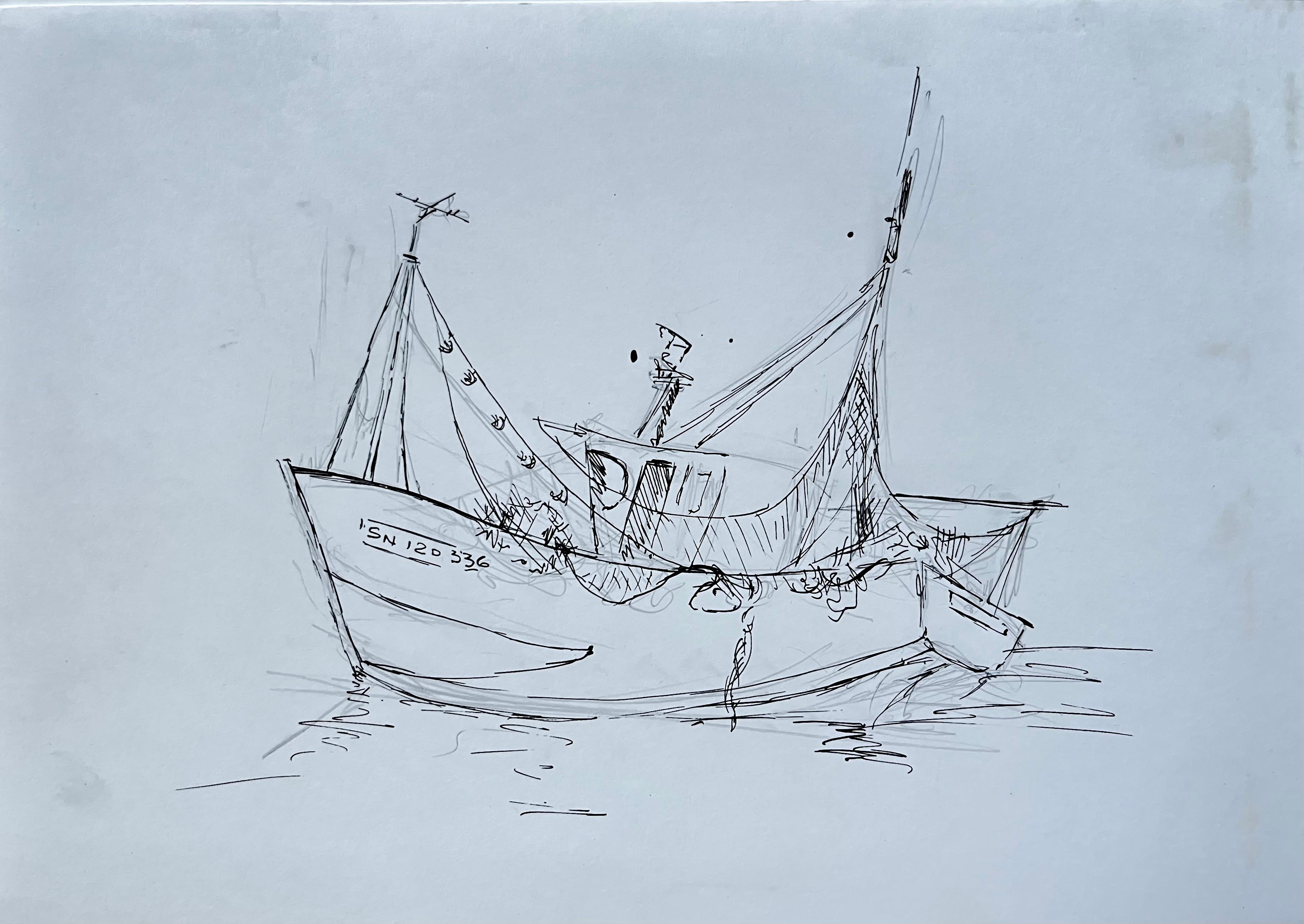 Landscape Art di Bernard Labbe - Barca da pesca francese, porto marittimo, disegno a inchiostro, metà del secolo scorso