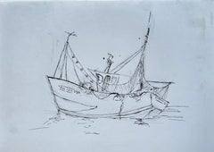 French Fishing Boat Maritime Harbour Ink Drawing Mid Century
