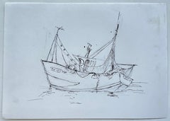 French Fishing Boat Maritime Harbour Ink Drawing Mid Century
