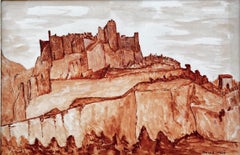 Französische Burg auf einem Hügel – befestigte Klippenlandschaft – Aquarell in Sanguin