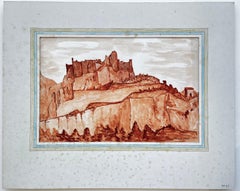 Französische Burg auf einem Hügel – befestigte Klippenlandschaft – Aquarell in Sanguin