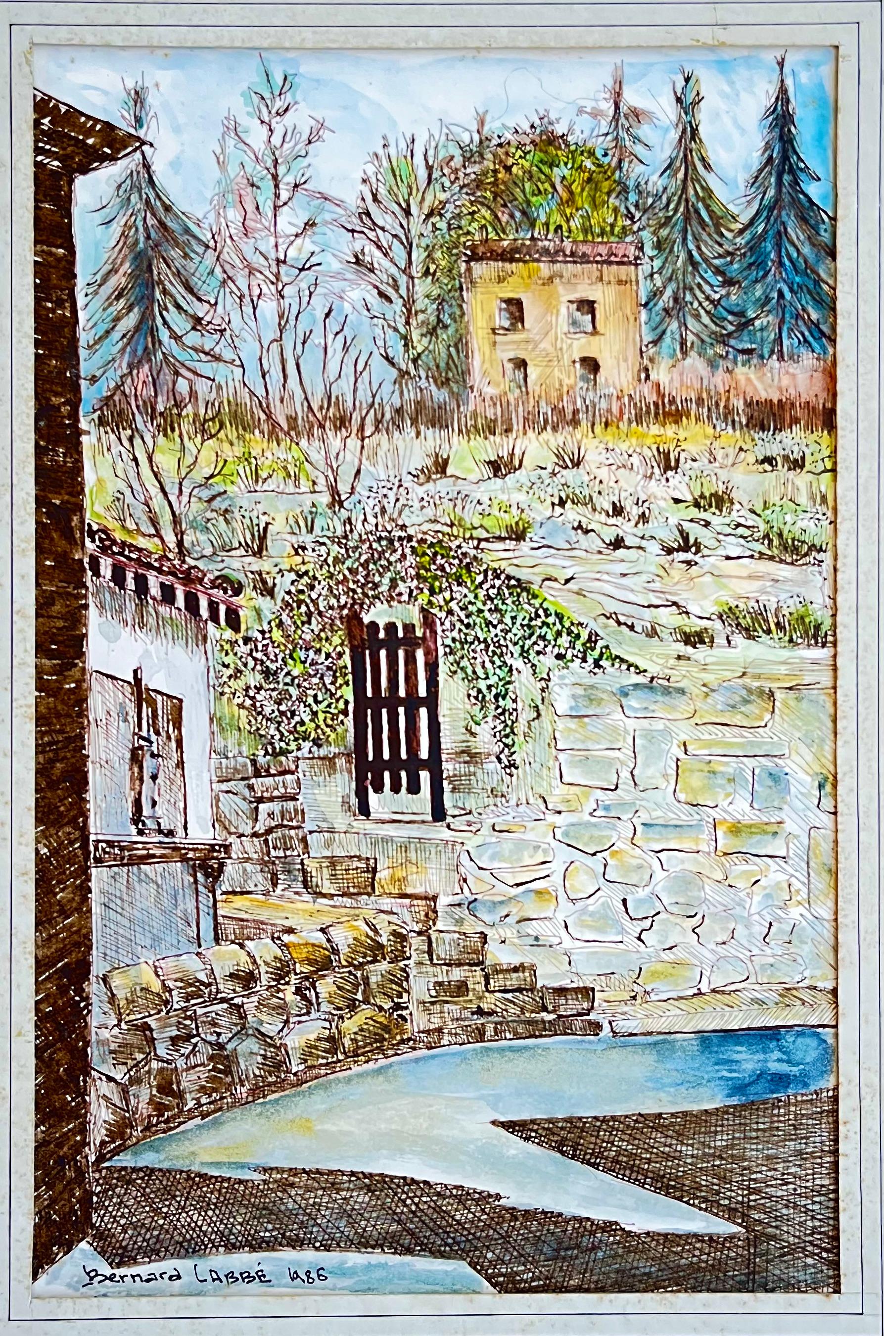 French Pyrenees Mountain Village Garden House Ink Watercolour Landscape