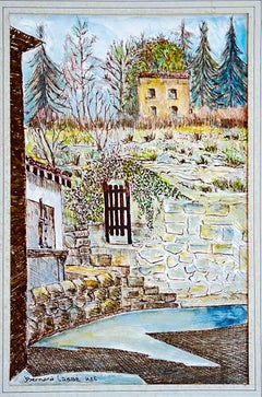 French Pyrenees Mountain Village Garden House Ink Watercolour Landscape