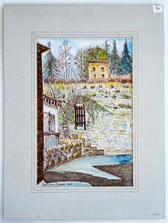 French Pyrenees Mountain Village Garden House Ink Watercolour Landscape