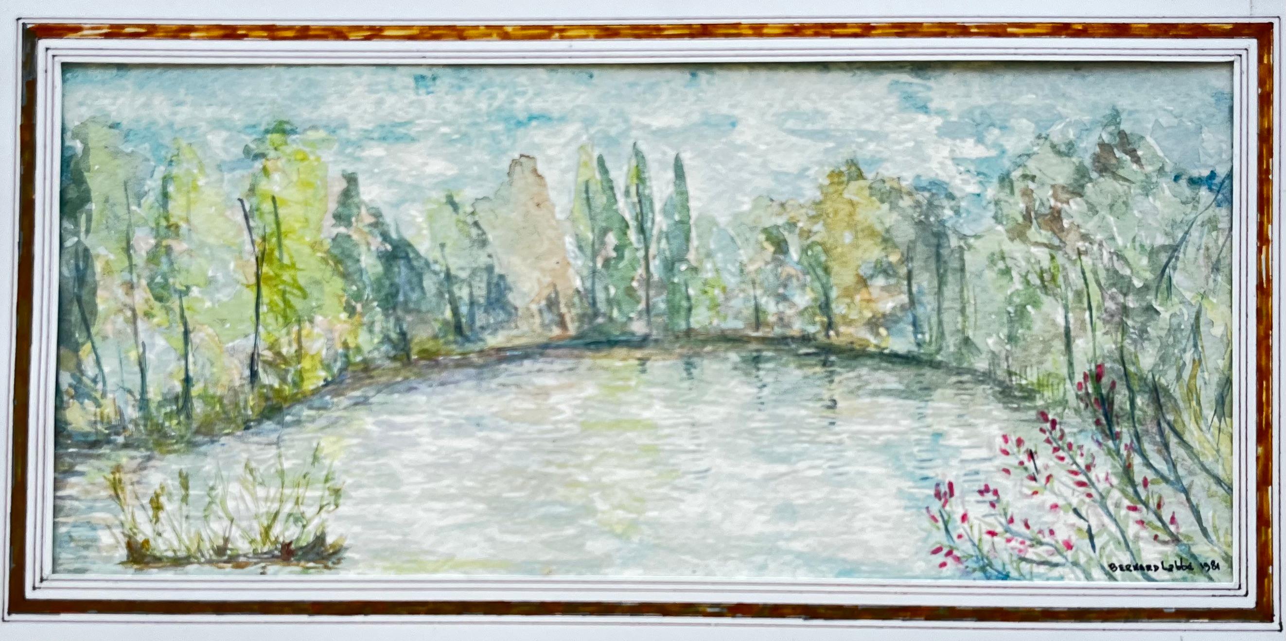 France, forêt, lac, étang, arbres, rivière, jardin, paysage, encre, aquarelle