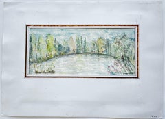 French Woodland Lake Pond Trees River Garden Landscape Ink Watercolour