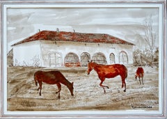 French Equestrian Horse Stable Farmyard Ink Watercolour Painting
