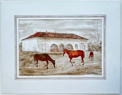 French Equestrian Horse Stable Farmyard Ink Watercolour Painting
