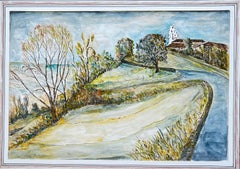 French Coastal Village Church Road Sea Landscape Ink Watercolour Painting