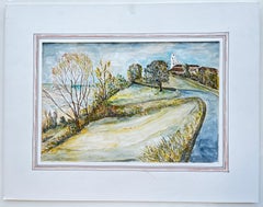 French Coastal Village Church Road Sea Landscape Ink Watercolour Painting