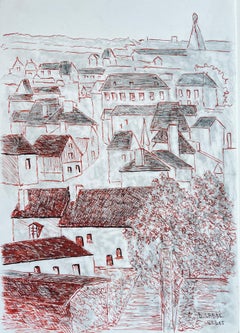 French Chateau Gontier Rooftops Town View Red Ink Architectural Drawing