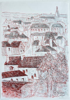 French Chateau Gontier Rooftops Town View Red Ink Architectural Drawing