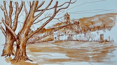 French Village Church Hill Bare Trees Sepia Ink Watercolour Landscape