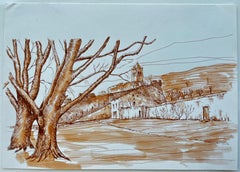 French Village Church Hill Bare Trees Sepia Ink Watercolour Landscape