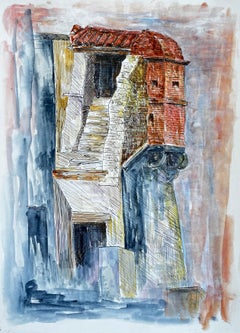 French Architectural Balcony Red Roof Building Ink Watercolour Painting