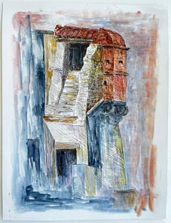 French Architectural Balcony Red Roof Building Ink Watercolour Painting