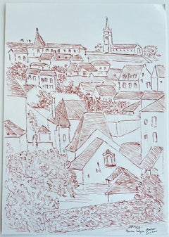 French Village Rooftops Chateau Church Red Ink Architectural Drawing
