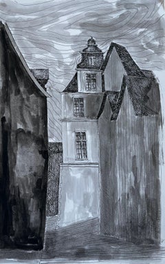 Disegno architettonico a inchiostro diluito della via della Torre dell’Orologio di una cittadina francese