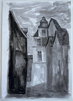 Disegno architettonico a inchiostro diluito della via della Torre dell’Orologio di una cittadina francese