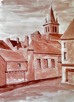 French Town Church Spire Architectural Ink Wash Painting