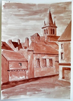 French Town Church Spire Architectural Ink Wash Painting