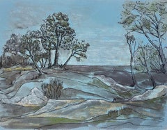 French Woodland River Landscape Blue Ink Watercolour Drawing