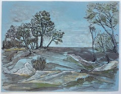 French Woodland River Landscape Blue Ink Watercolour Drawing