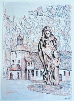 Statua religiosa francese della Madonna con Bambino, disegno a inchiostro del monastero