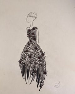 Original Fashion Design Illustration of an Black Detailed Evening Ball Gown