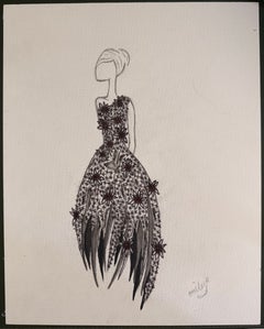 Original Fashion Design Illustration of an Black Detailed Evening Ball Gown