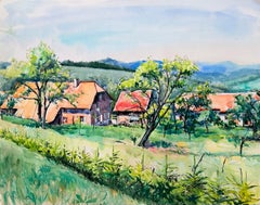 „Red Roof Farmhouses“ in Bellefosse in einer sommerlichen Berglandschaft – Aquarell