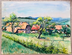 „Red Roof Farmhouses“ in Bellefosse in einer sommerlichen Berglandschaft – Aquarell