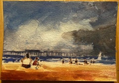 French Impressionist Watercolor Landscape Seaside Scene with Pier and Figures