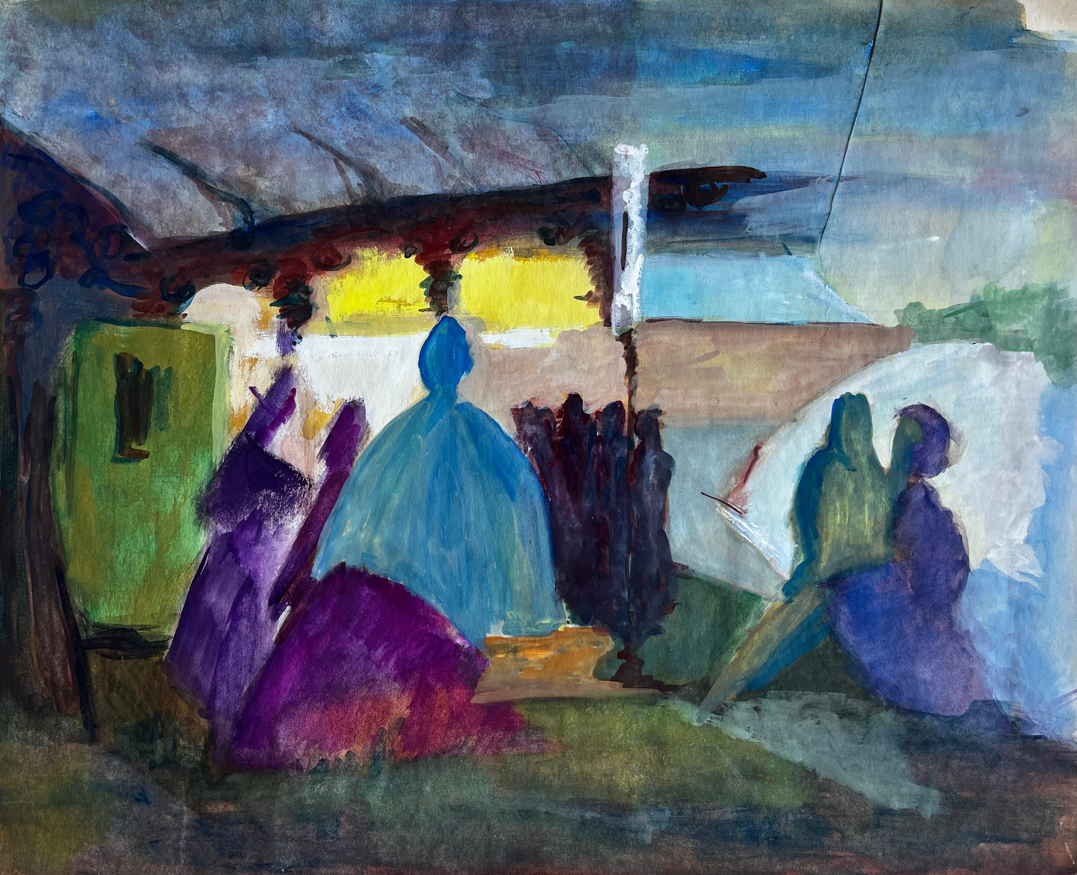 Landscape Painting di Guy Nicod - Figure di interni modernisti Scena di veranda Pittura a guazzo