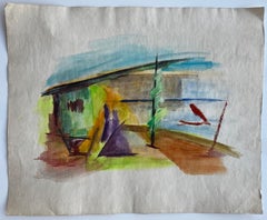 Modernist Coastal Interior Figures Abstract Gouache Painting