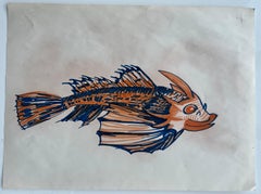 Vintage Fish Illustration Marker Drawing Blue Orange Marine Study