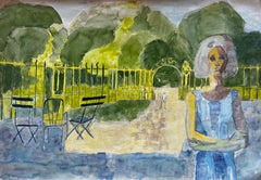 Figurative Garden Scene Woman Gate Watercolour Mid Century Style Painting