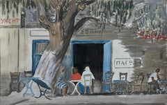 Mediterranean Cafe Scene Gouache Painting Figures Tree Greek Street Setting