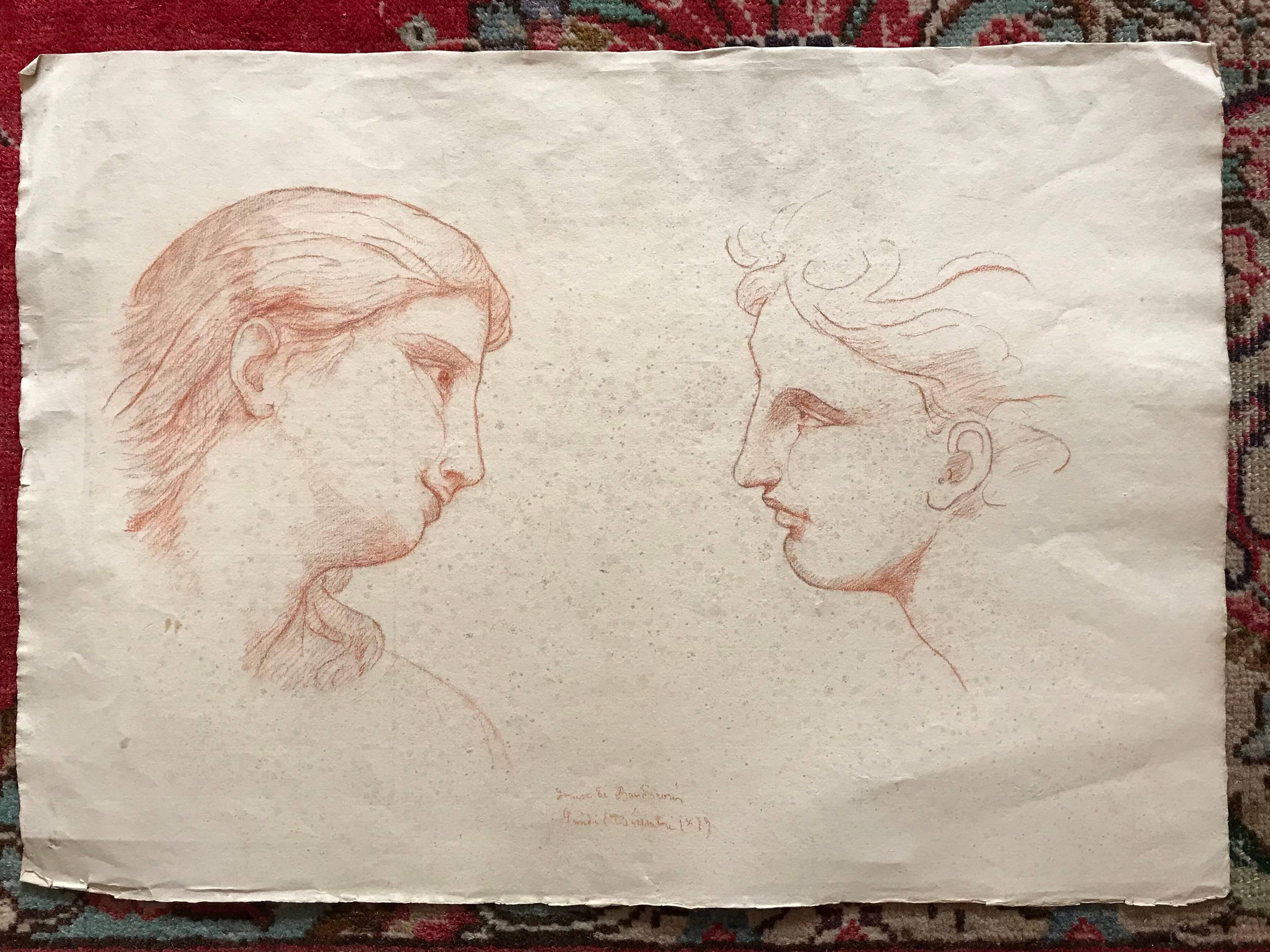 1870's French Romantic Classical Sanguine Drawing - Art by Unknown